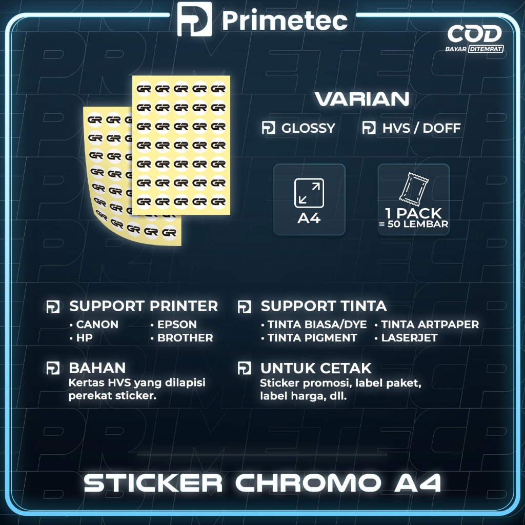 

ghg Sticker Chromo HVS A4 isi 50 lembar / Kertas Stiker Inkjet Glossy / Doff Matte A4 Primetec