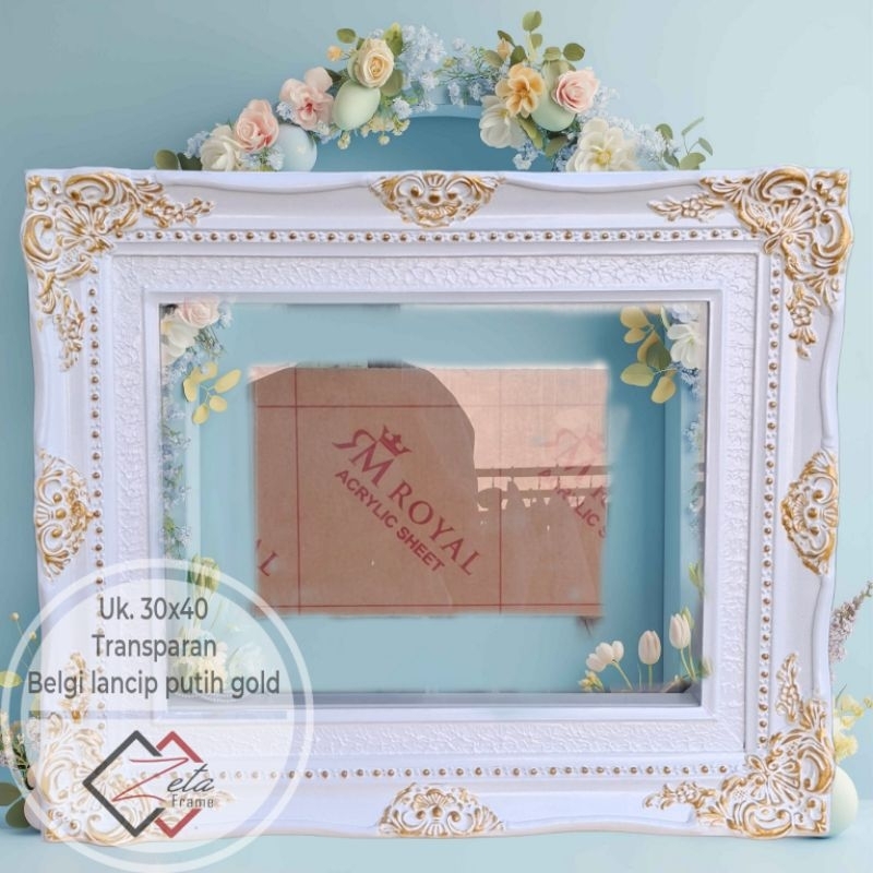 Pigura mahar belgi ukir lancip putih gold uk. 30x40 TRANSPARAN - pigura mahar vintage ukir lancip