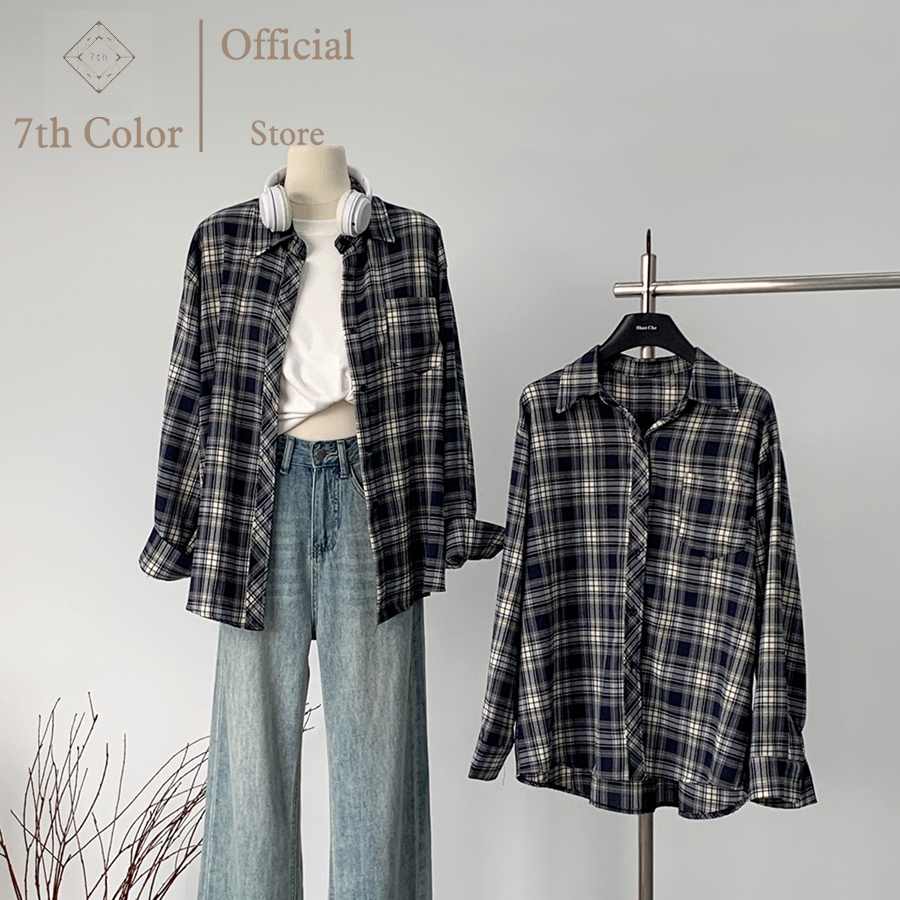 7th Color / Outer Wanita Motif Kotak Gaya Korea Kemeja lengan panjang Kardigan Kekinian Daily