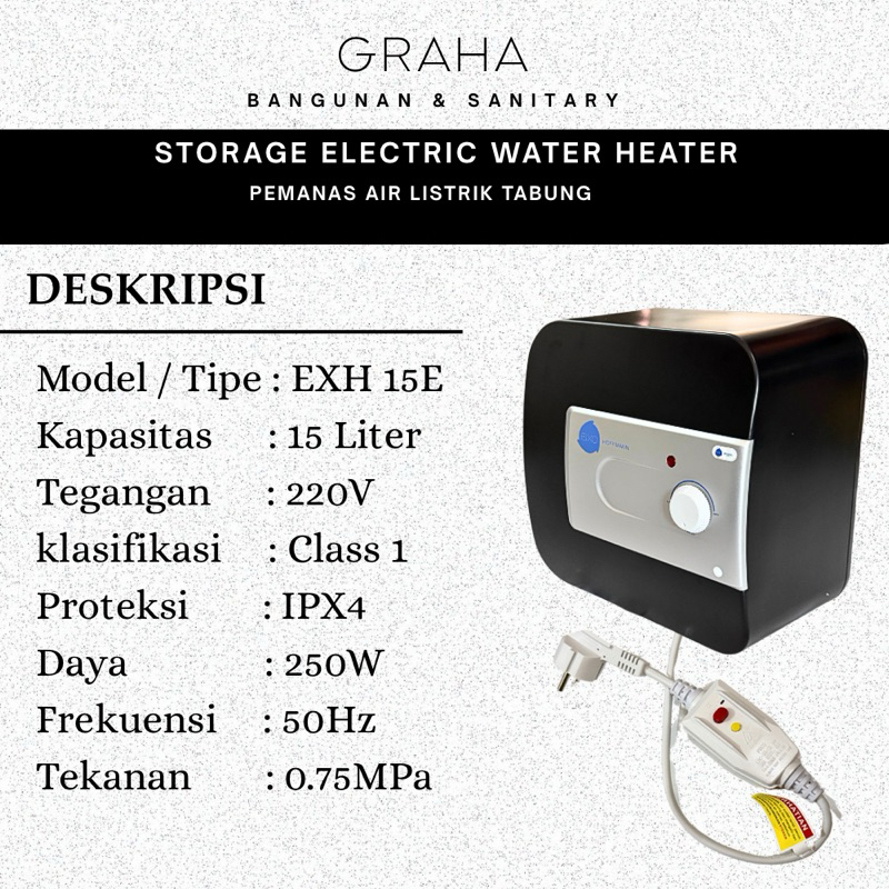 Water Heater Pemanas Kamar Mandi Listrik Hitam EIXO 15 LITER