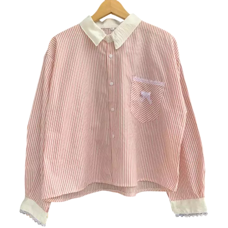 GF88 - Atasan Kemeja XXL Oversize Blouse Semi Crop Top Baju Lengan Panjang Motif Blaster Salur Garis