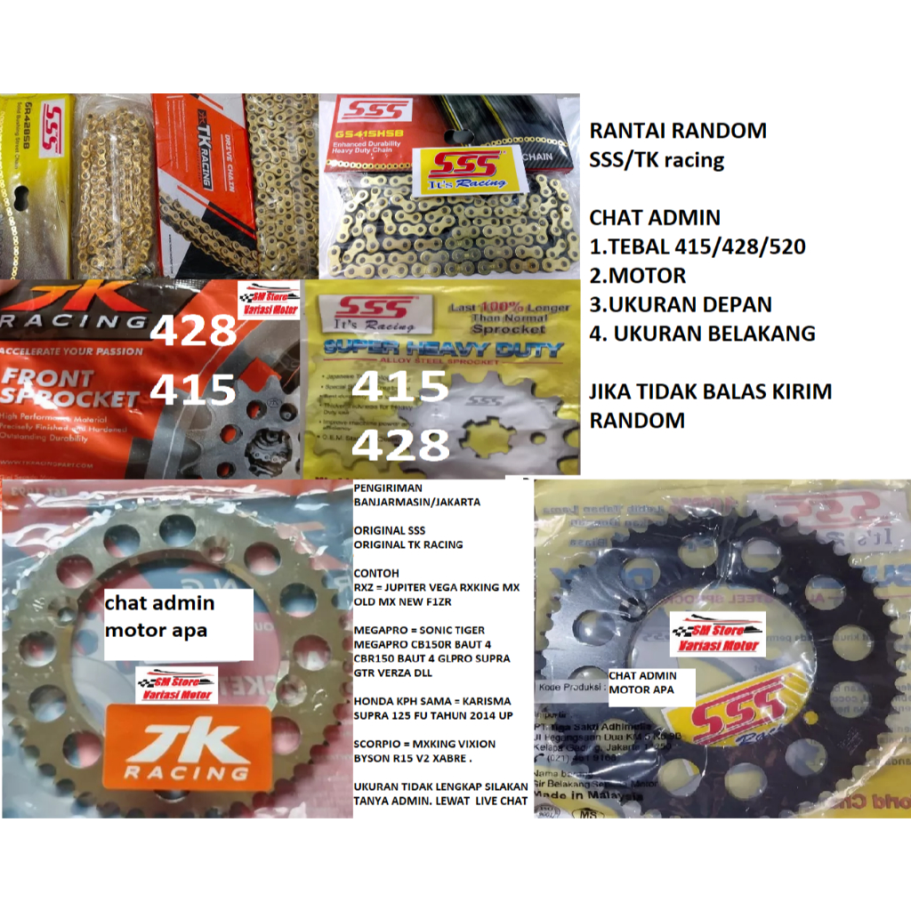 GIR Gear Set Gearset SSS TK RACING 415 428 520 DEPAN BELAKANG CB150 CBR 150 R SONIC Vixion Satria Fu