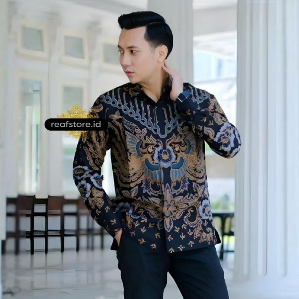 Kemeja Batik Pria Lengan Panjang Warna Biru Denim Formal Casual Baju Batik Kantor Cowok Terbaru
