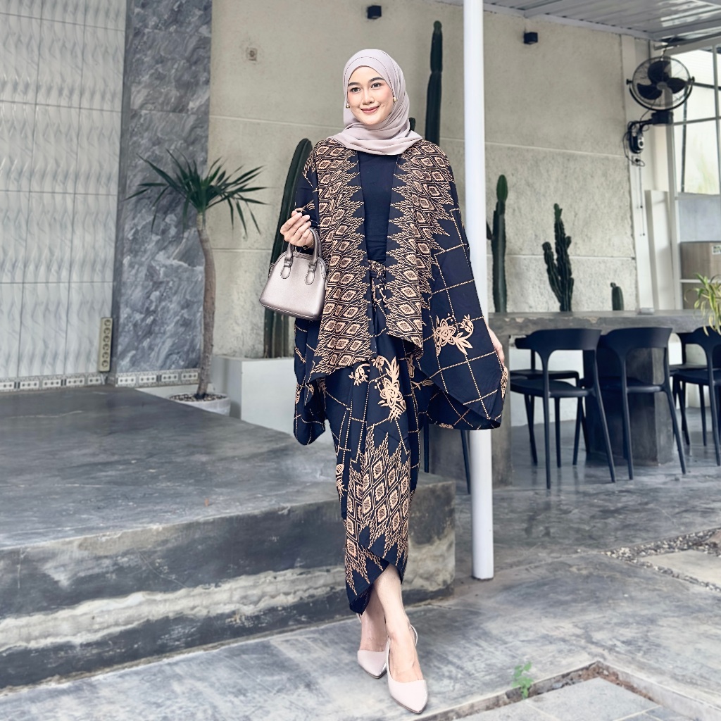 Outfit Kondangan Simpel One Set Batik Outer Rok Lilit Kimono Wanita Rayon Motif Jaring Bunga