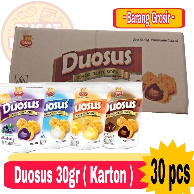 

Grosir Snack DuoSus Sus Kering Dus 30gr isi 30pcs Rasa Cokelat / Keju / Vanilla / Blueberry