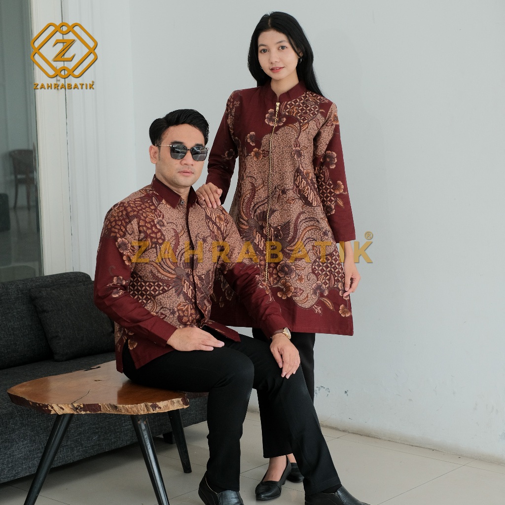 Batik Couple - Batik Tunik Wanita - Batik Pria Lengan Panjang - Motif Santanu Warna Maroon