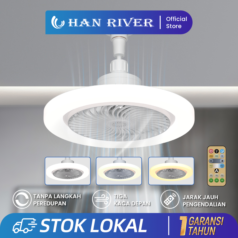 HAN RIVER 30W 2in1 Lampu Kipas Angin Plafon Lampu 3 Warna Remote Dapat Diatur 360° E27 Lamp Holder