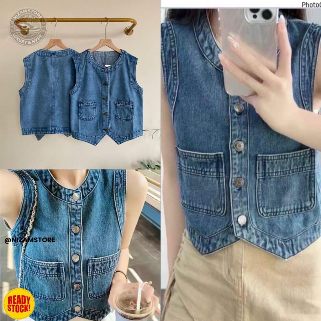 Vest Denim Wanita Tanpa Lengan - Model Vintage Kancing Depan | Rompi Jeans Casual Import