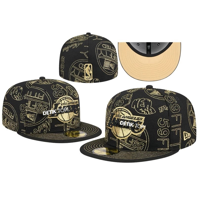 Topi Fitted NBA Lakers Black Gold Full Printed Bordir Build Up Caps