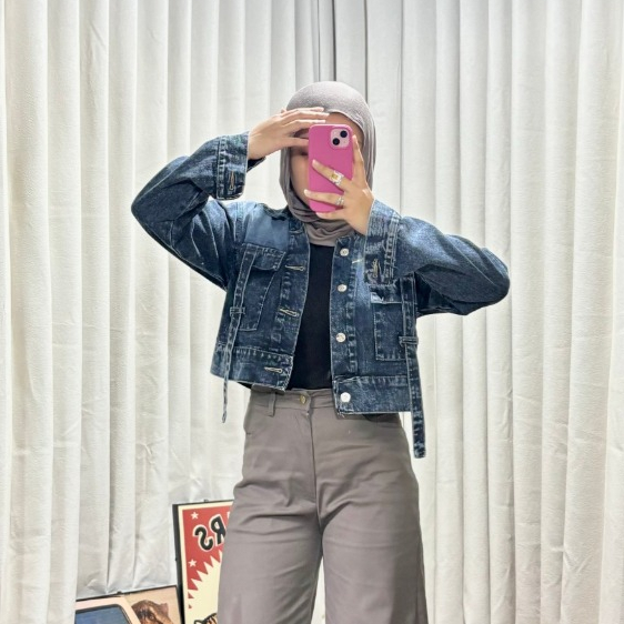 CUCI GUDANG EMWEHA Fuji Jaket Crop Jeans Denim Oversize cewek Pocket Variasi Tali Denim