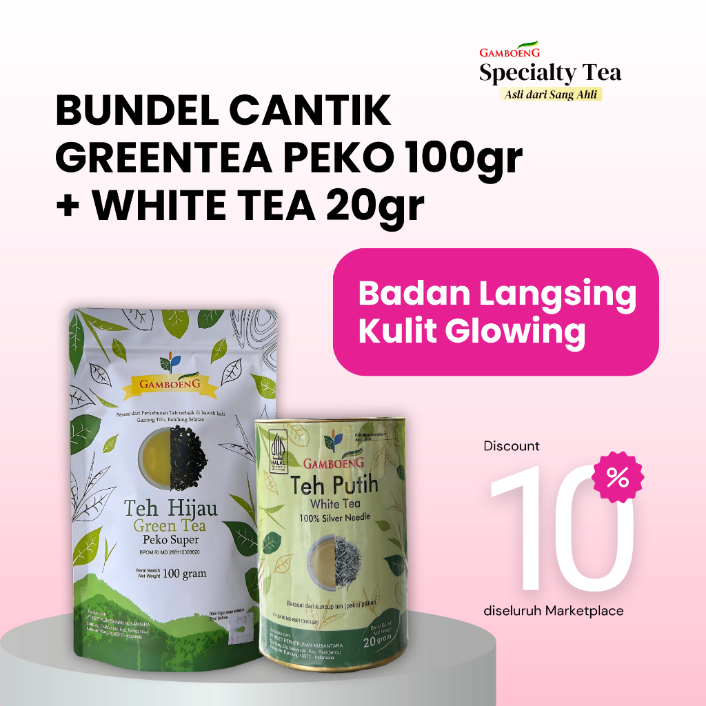 

BUNDEL CANTIK GAMBOENG GREENTEA PEKO 100gr KEMASAN POUCH + GAMBOENG WHITE TEA KEMASAN KALENG 20gr | TEH PUTIH | TEH HIJAU | SLIMING TEA | GLOWING TEA