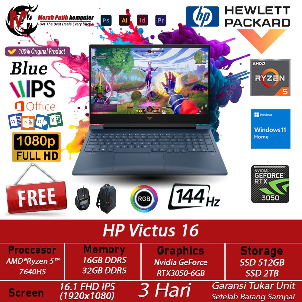 Hp Victus 16 AMD Ryzen 5 7640HS 32GB ddr5 2TB ssd RTX3050 6GB16inch FHD IPS 144Hz BL Win11 Home