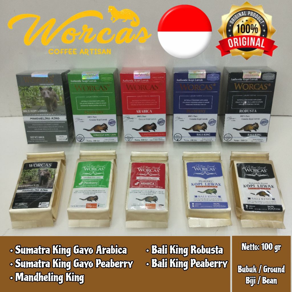 

WORCAS LUWAK COFFEE | 100% KOPI LUWAK INDONESIA, SUMATRAN KING GAYO ARABICA, BALI KING ROBUSTA, MANDHELING KING