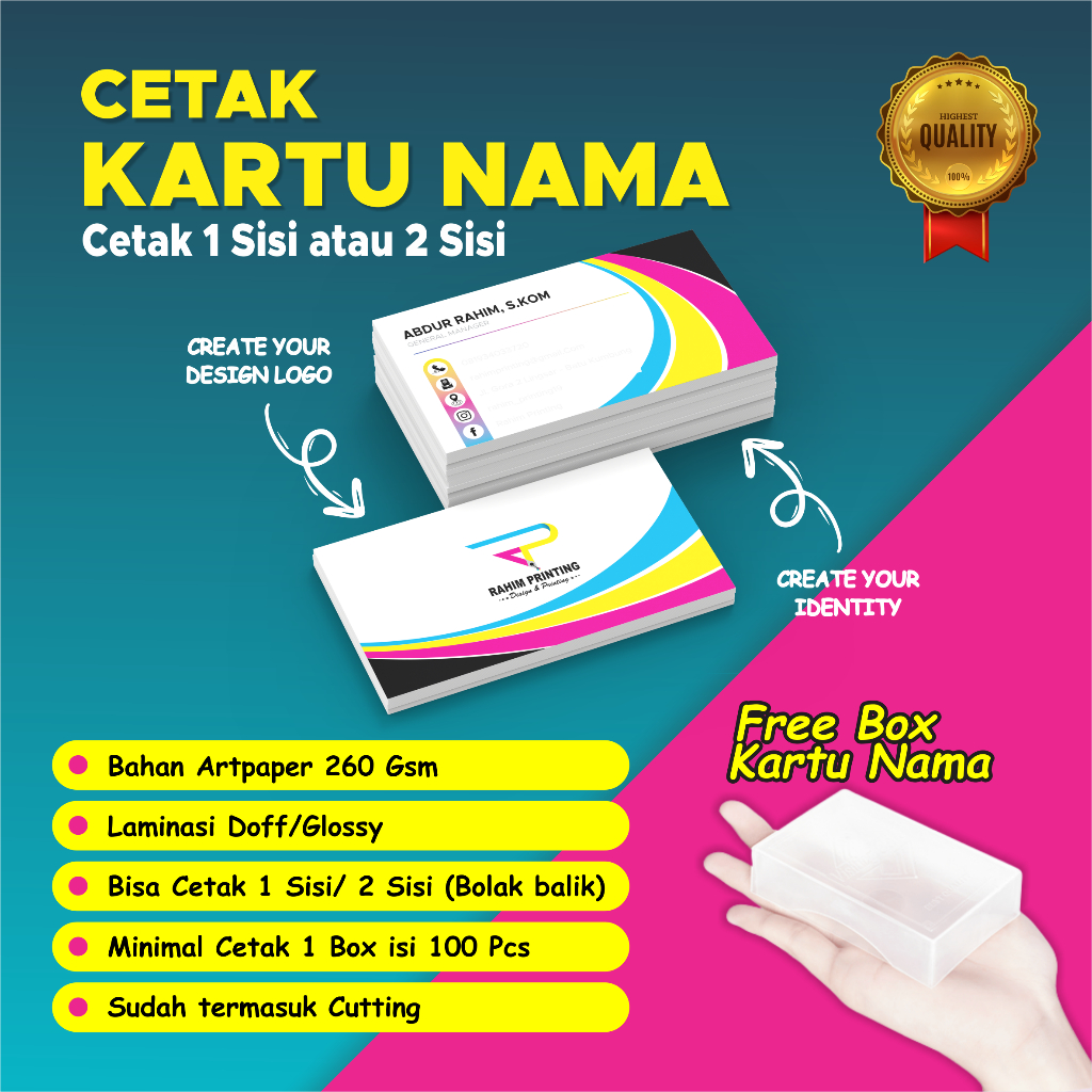 

CETAK KARTU NAMA PREMIUM 1 BOX ISI 100 PCS | 1 SISI / 2 SISI BAHAN ARTPAPER | NAME CARD MURAH | SATU HARI JADI