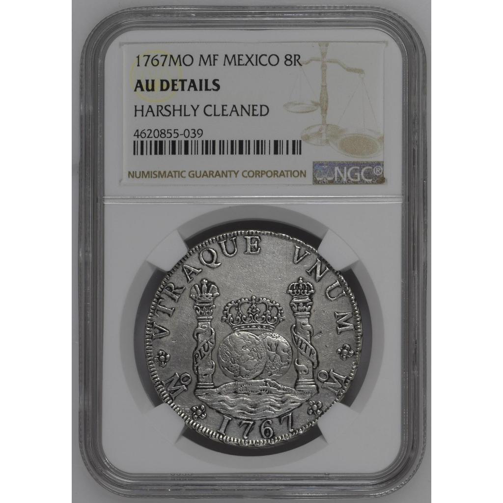 Koin Perak Kuno Meksiko 8 Reales Carlos III Hispan 1767MO NGC AU Details