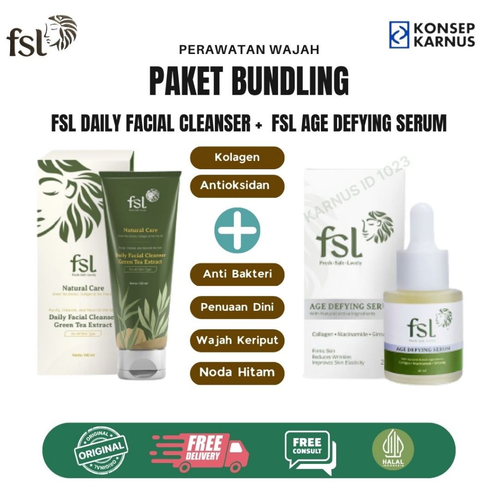 Paket Perawatan Wajah FSL Daily Facial Cleanser  Extract Green Tea + FSL Age Defying Serum Kolagen