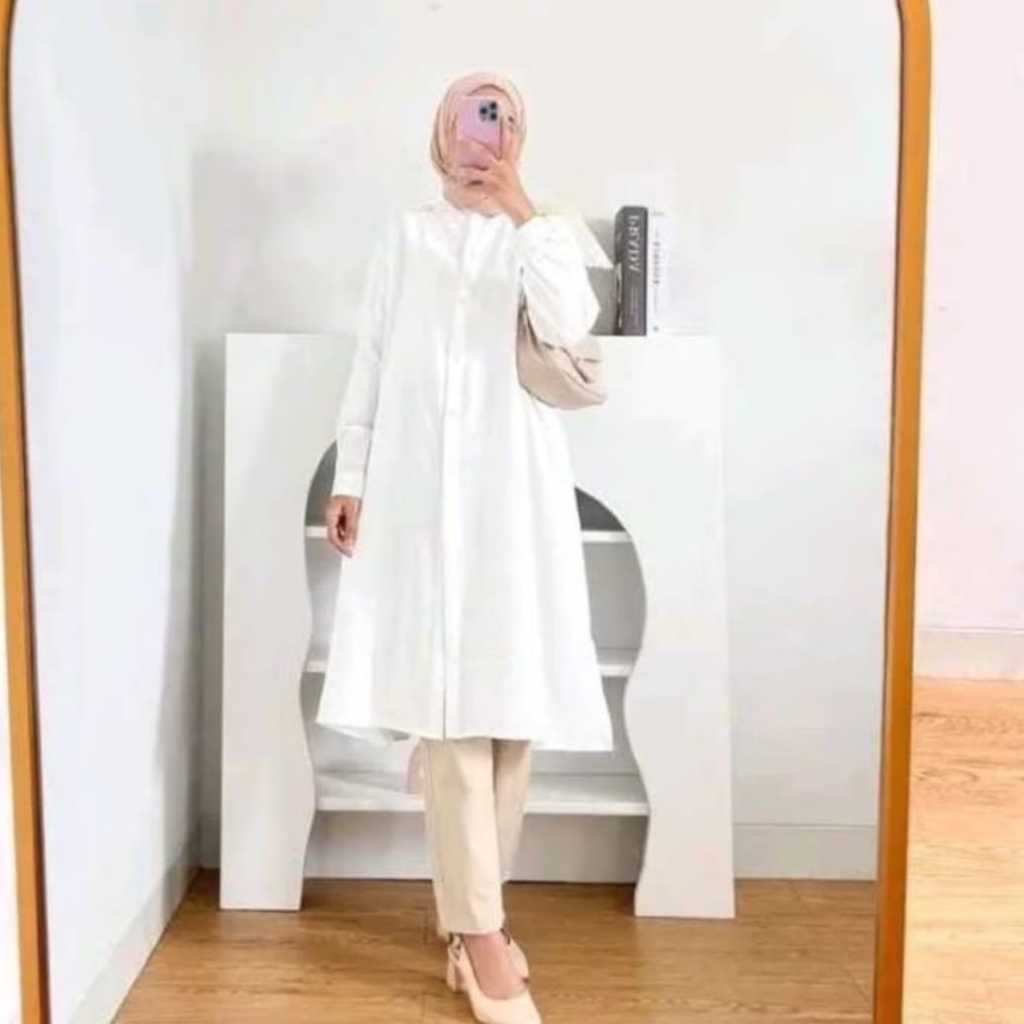 MeccaFashions-Atasan Tunik Panjang/Wanita Polos/ Full Kancing Depan/Semi Gamis Wanita/Long Tunik Ter