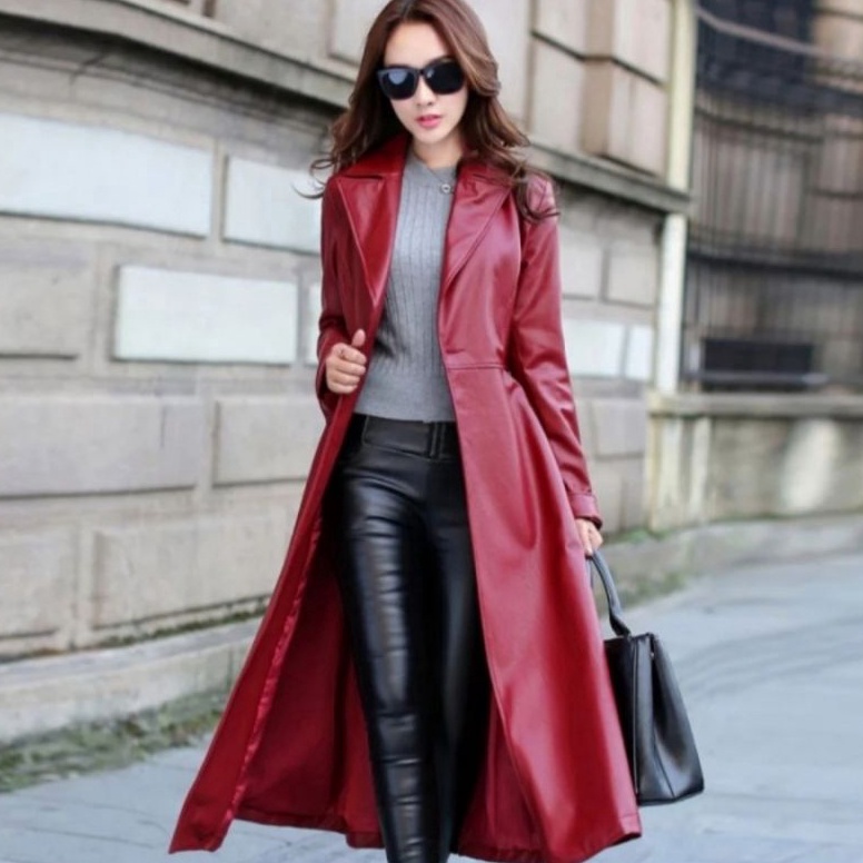 KODE R16S Mantel Kulit WanitaJaket Panjang Semi KulitJaket Musim Dingin Kerah Lengan Panjang Khalifa