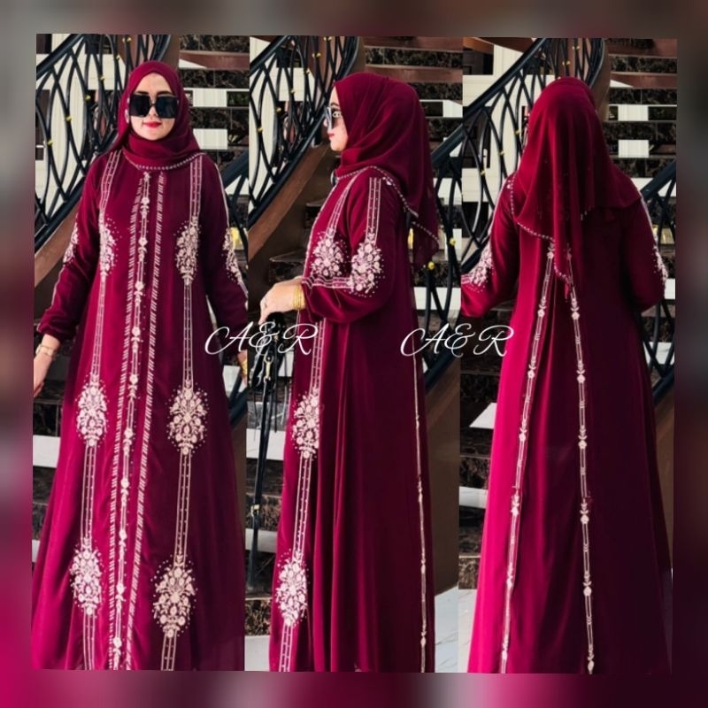 Zifa Fashion || Cod || Amira Dress+Hijab Segi4 || Gamis Set Cruty Bordir Aksen Payet Tabur Mewah || 