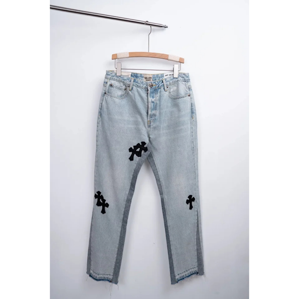 CHROME HEARTS x GALLERY DEPT. Vintage Levi's Black Cross Patch Distressed Blue Jeans