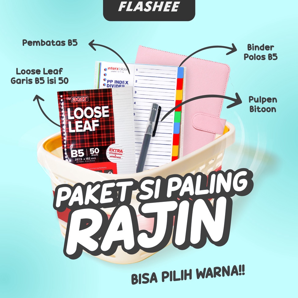 

KODE V69T Flashee Paket Binder B5 Ring 26 Set 4in1 Sudah Termasuk Kertas Untuk Sekolah Dan Kuliah