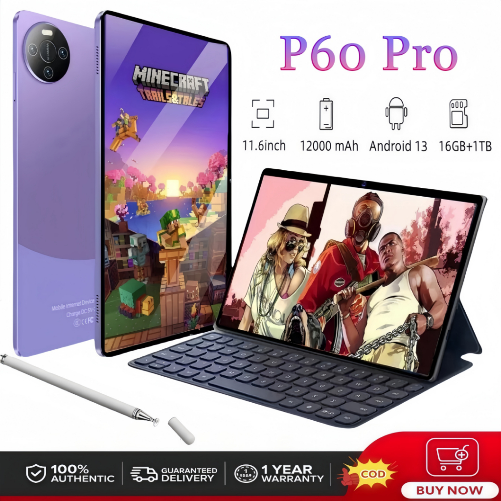 Tablet PC Baru P60 16GB + 1024GB Tablet Android 11.6inch Layar Full Screen Layar Besar Wifi 5G Dual 