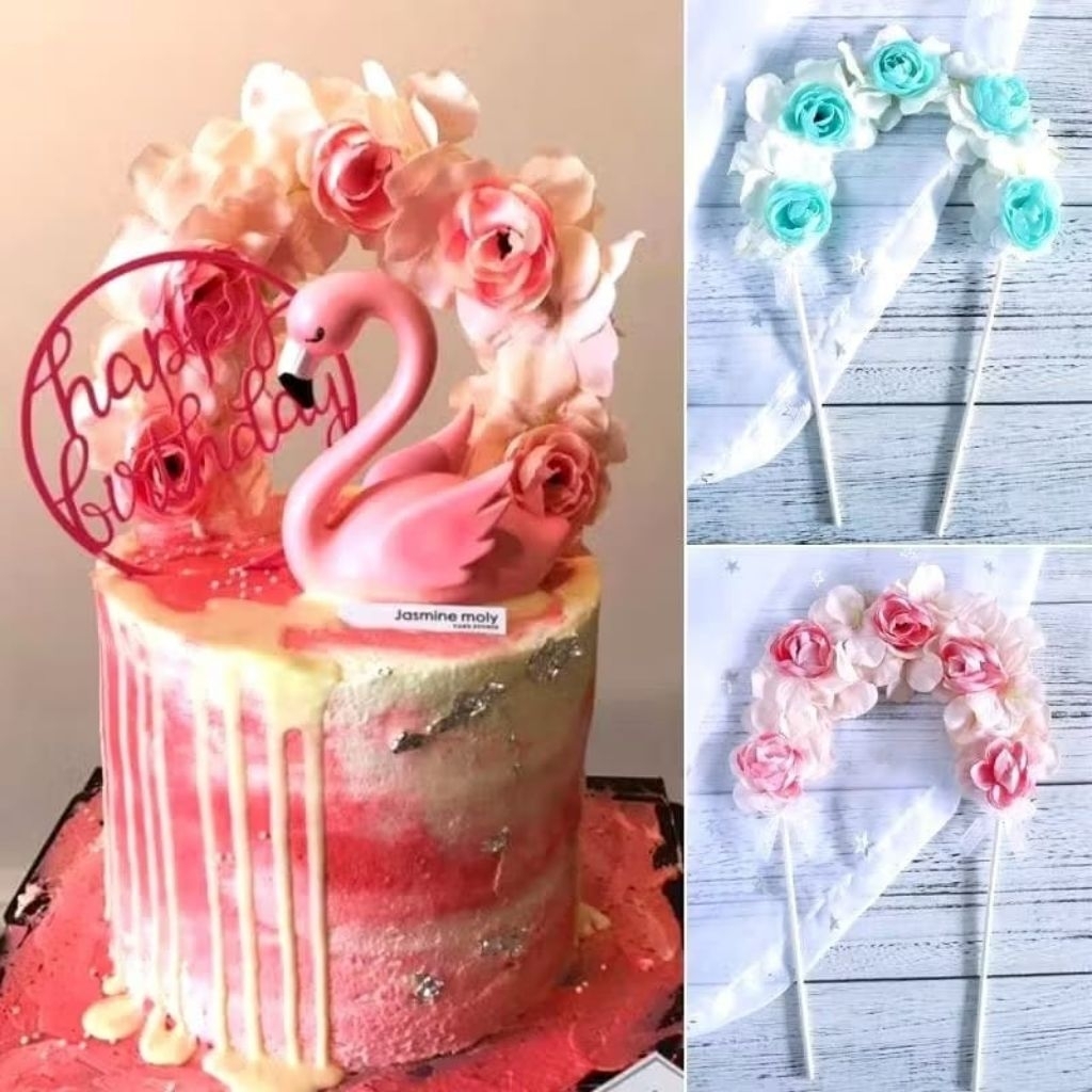 {IP} PAJANGAN KUE ULANG TAHUN BUNGA MELENGKUNG WARNA PINK / HIASAN KUE ULANG TAHUN MOTIF BUNGA  MELE