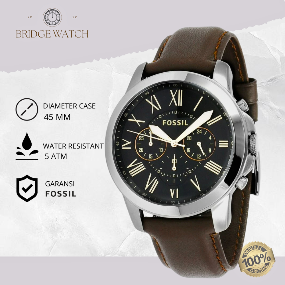 Jam Tangan Fossil Pria Grant Analog Strap Kulit Men Chronograph Black Dial Brown Leather Strap Casua