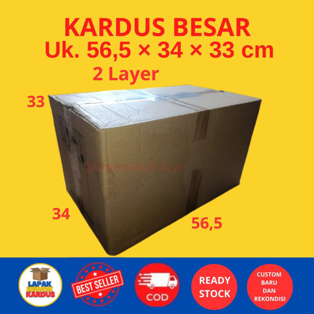 

kardus ukuran 56,5×34×33 cm, 2 layer/double wall rekondisi layak pakai