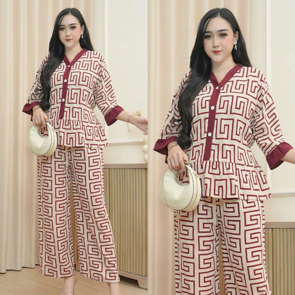 Stelan AndaraBahan rayon tebal kancing depanRempel bawah bajuUjung lengan rempel