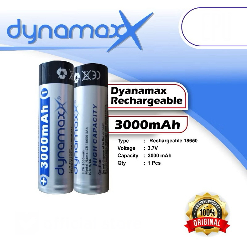 Baterai Batrai Cas Charge 18650 DYNAMAX 3000mAh Baterai Cas 18650 3.7V Rechargeable Battery