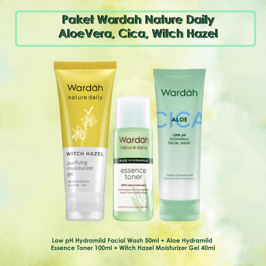 Paket Wardah Nature Daily Aloe, Witch Hazel 3pcs - Paket Skincare Soothing, Calming