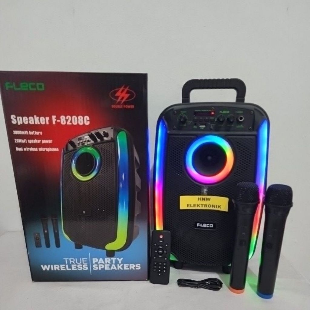 speaker chas portable Fleco 8208C True wireless 8'5 inc bonus 2 mic wireless pegang F 8208 C BLUETOO