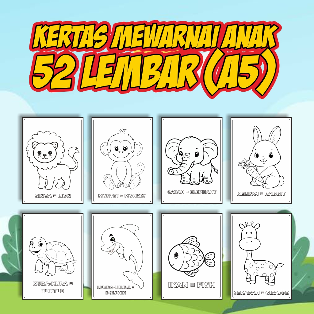 

52 Lembar kertas mewarnai untuk anak (tema hewan random + nama hewan)