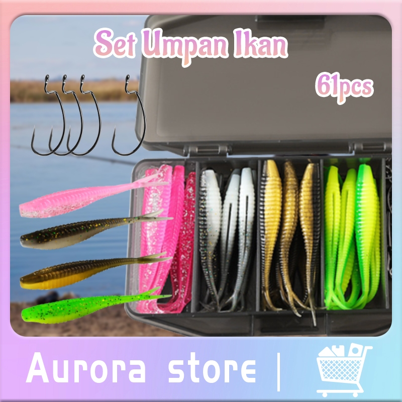 61 Pcs/Set Soft Lure Umpan Pancing Dan Mata Kail Hook Mancing Ikan isi 6.5 CM