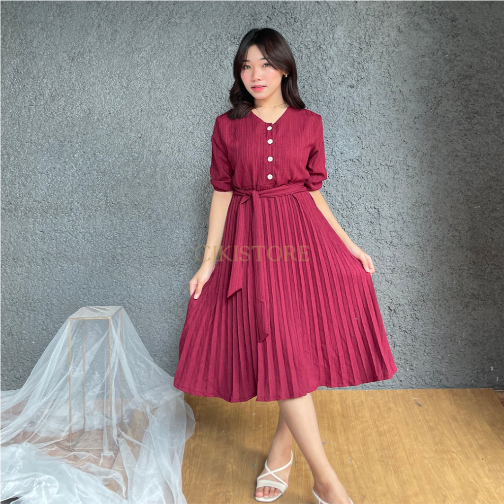 Aeri Dress Wanita Plisket Korea | Dress Midi Casual Formal | Dress Bumil Friendly
