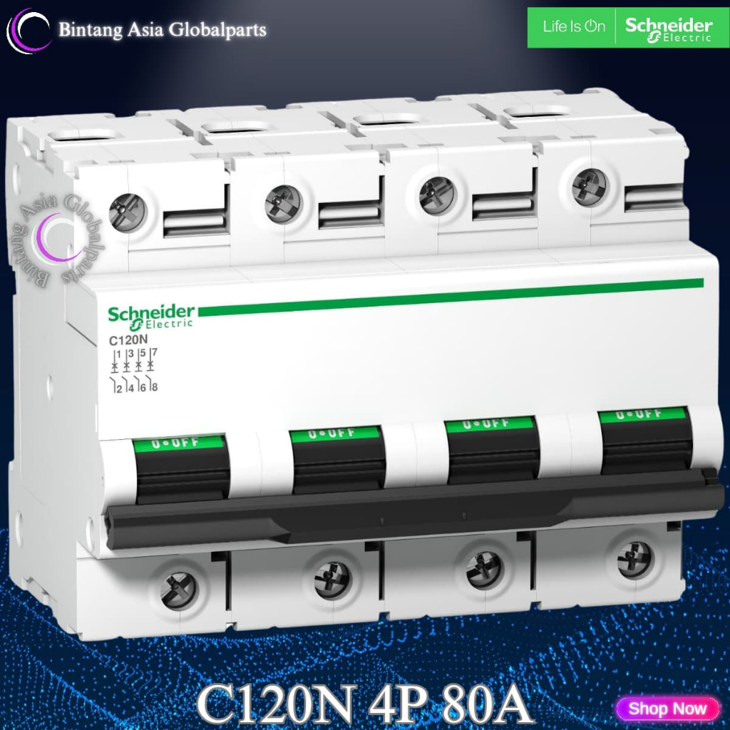 MCB 4p 80a Schneider C120N Original / MCB 4 Phase 80 Ampere A9N18372 / MCB 4 Pole 80a 10kA