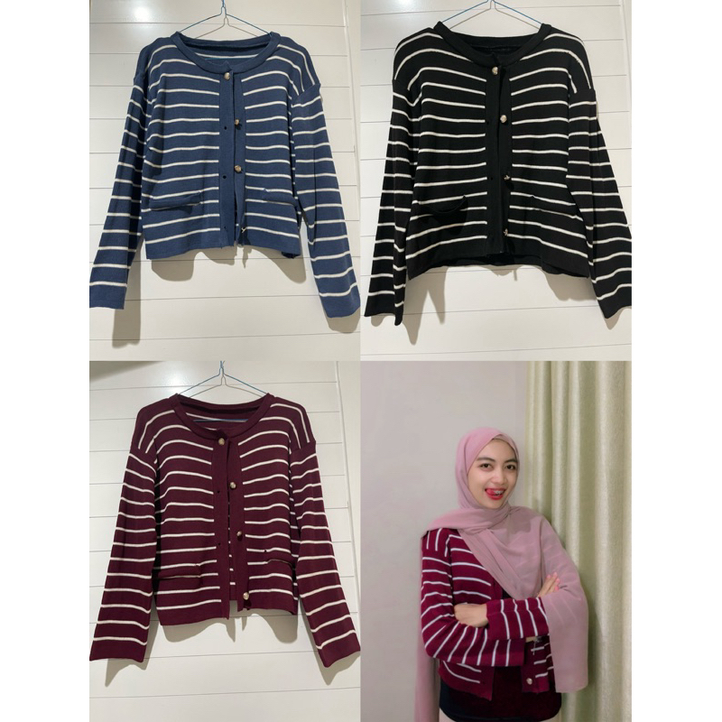 Cardigan Knit Stripe Salur - cardigan rajut crop - CARDIGAN KOREAN STYLE WANITA
