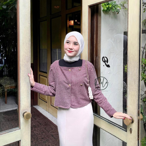 NEW DEALS Pola Wear Alya Blazer Franch Korean Tweed Outer Top Wanita Kerah Bulat