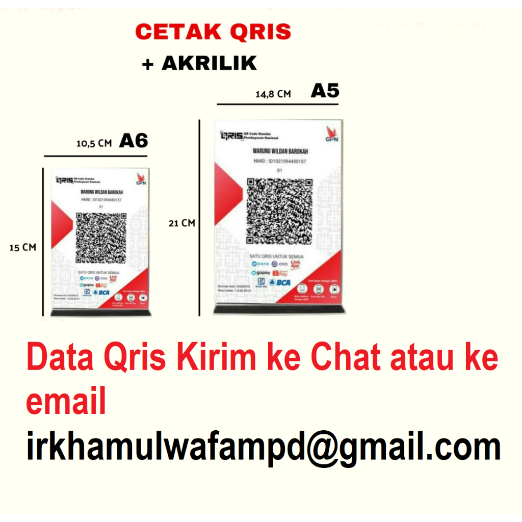 

1 Paket Lengkap Cetak Barcode + Akrilik + Laminating Custom Qris A5 & A6
