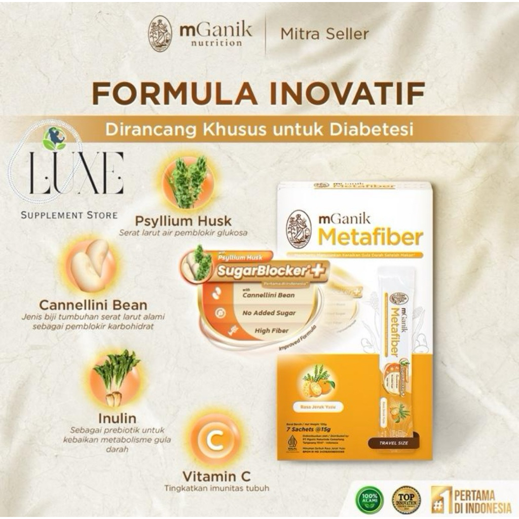 

(PROMO TERLARIS!) 1 BOX mGanik Metafiber Yuzu Lychee Cocopandan Sugar Blocker+ Travel Size 105gr Metafiber Leci Diabetes