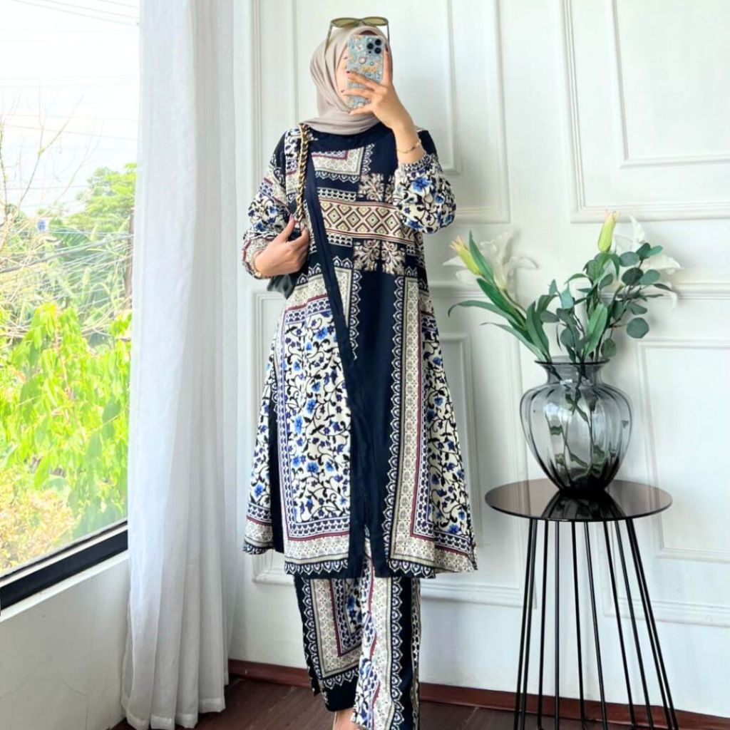 ALIAN - One Set Long Tunik Kulot Bahan Rayon Motif Premium