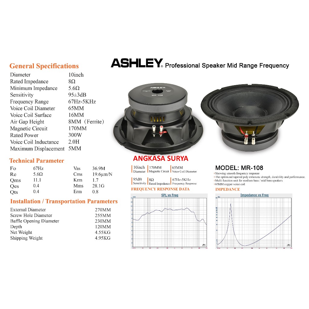 SPEAKER KOMPONEN ASHLEY MR108 ORIGINAL / SPEAKER COMPONENT ASHLEY MR 108 / SPEAKER 10 INCH ASHLEY MR