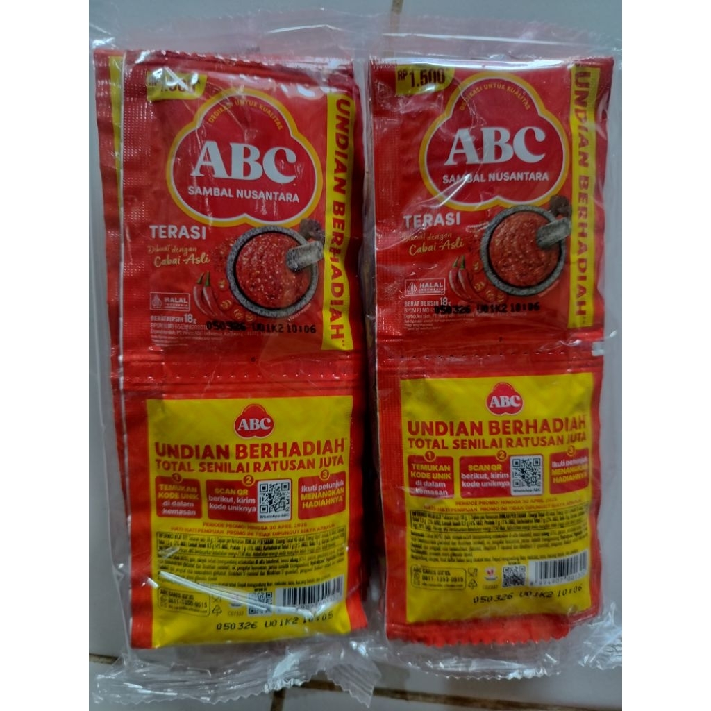 

Sambal Terasi ABC Nusantara Di Buat Dengan Cabai Asli (1 Sachet isi 10 Pcs)