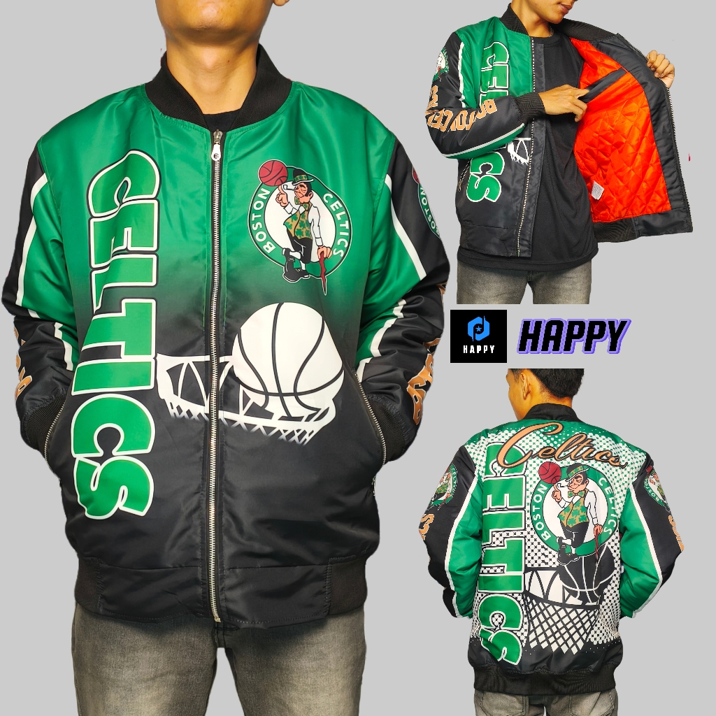 HAPPY - Jaket Varsity Baseball Full Zipper Boston Celtics  Gambar Printing Pria Wanita