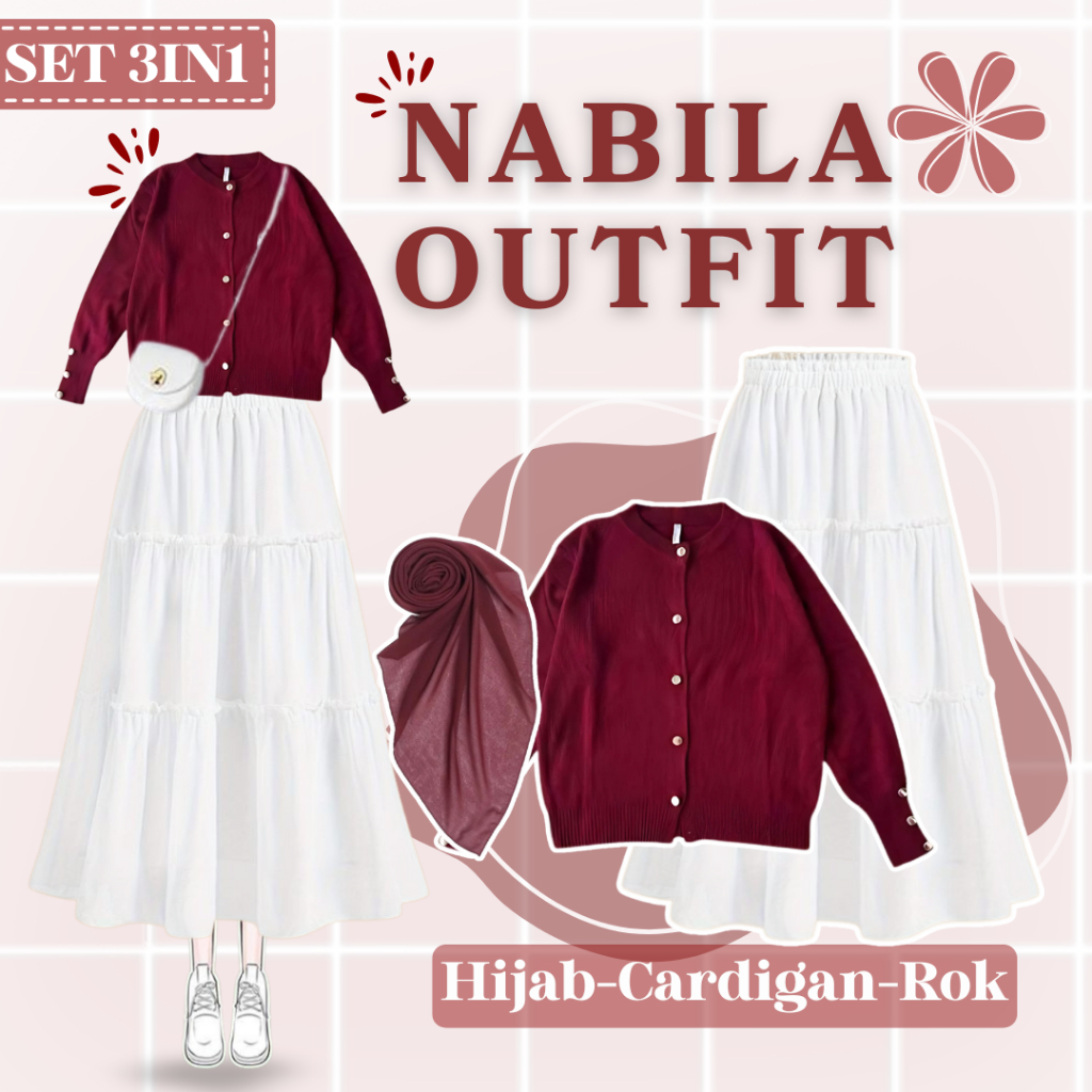 Cardigan Wanita Korean Style | Cardigan Korean Knit Maroon | Rok Susun Putih | Hijab Maroon | QNL013