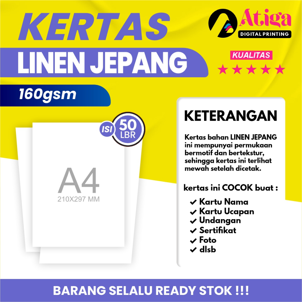 

Kertas Linen Jepang 160gsm / 200gsm uk. A4 cocok unt. Sertifikat Piagam dll (isi 50 lembar)