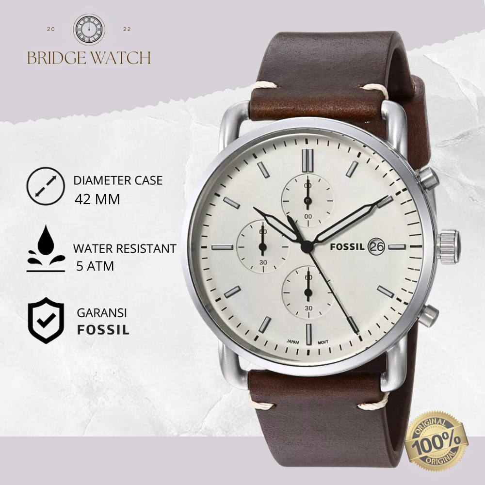 Jam Tangan Pria Fossil FS5402 Commuter Chronograph Brown Leather Strap Kulit Coklat Casual Original