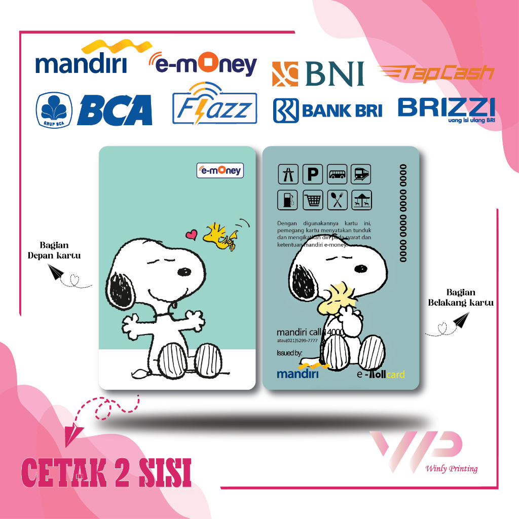KARTU EMONEY ANIME SNOOPY BIRD CUTE E TOLL MANDIRI FLAZZ BCA GEN 2 BNI TAPCASH BRIZZI BRI - 2 SISI