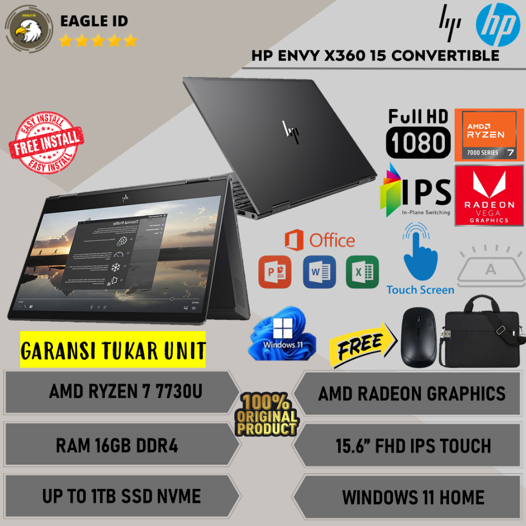 Laptop HP Envy X360 Amd Ryzen 7 7730U Ram 16GB DDR4 1TB SSD 15.6'' FHD IPS Touch Windows 11 Original